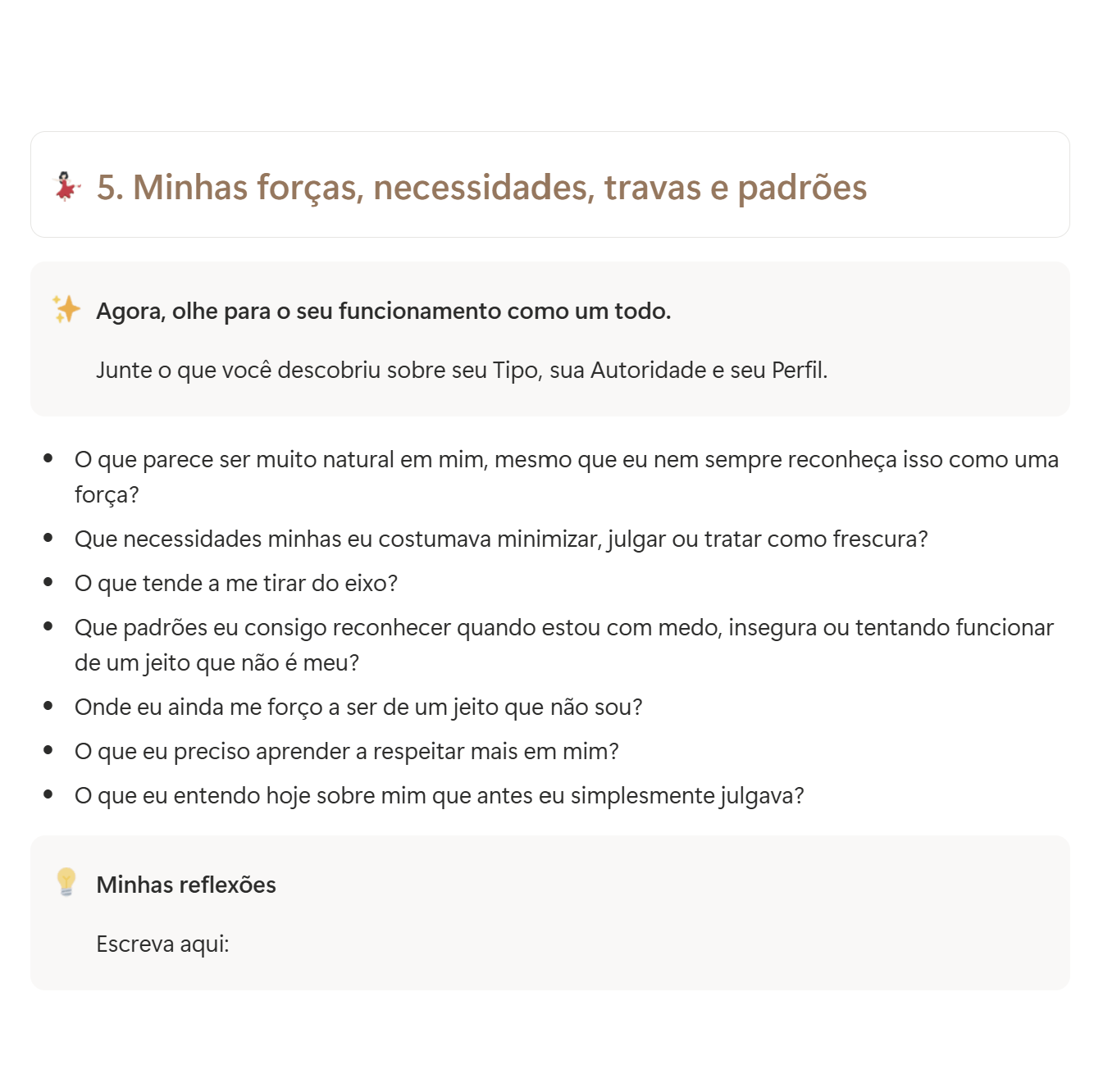 Página de autorreflexão com perguntas e espaço para anotações