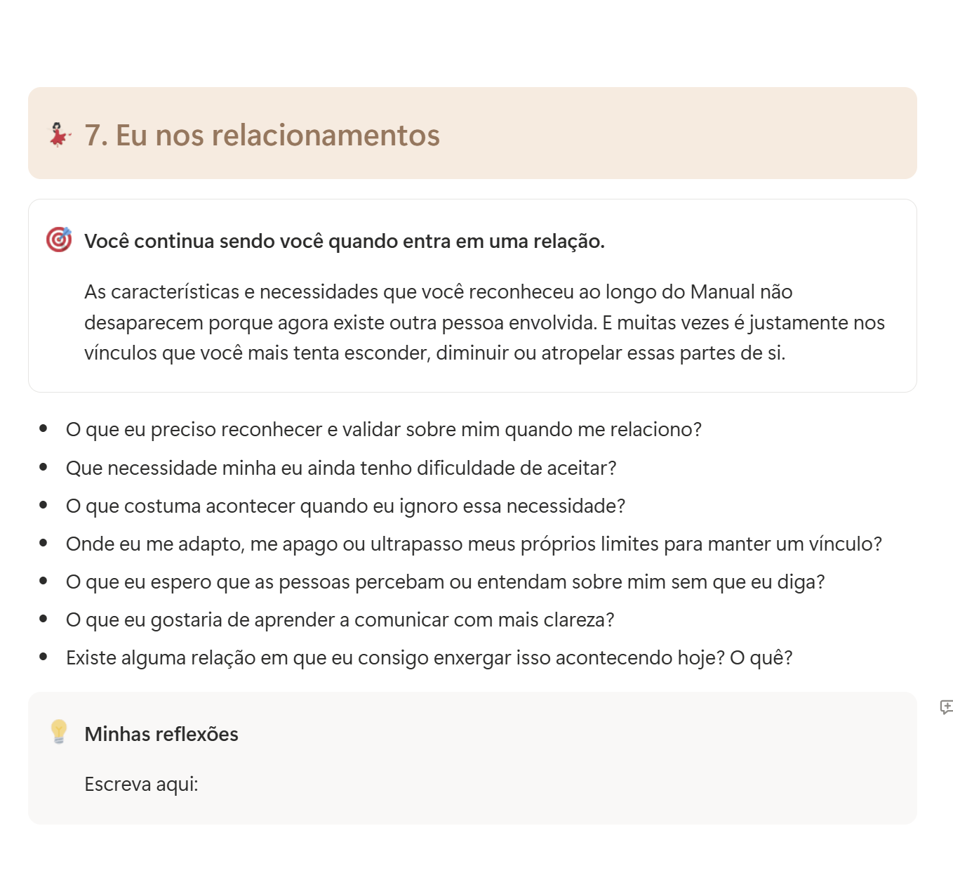 Página de integração dos aprendizados aos relacionamentos